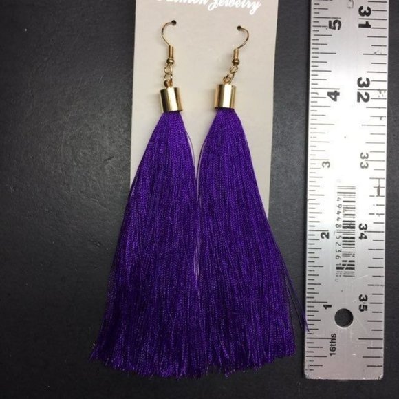 Long Dangle Pierced Earrings Purple Tassel Fringe Gold Retro BoHo - Picture 3 of 3